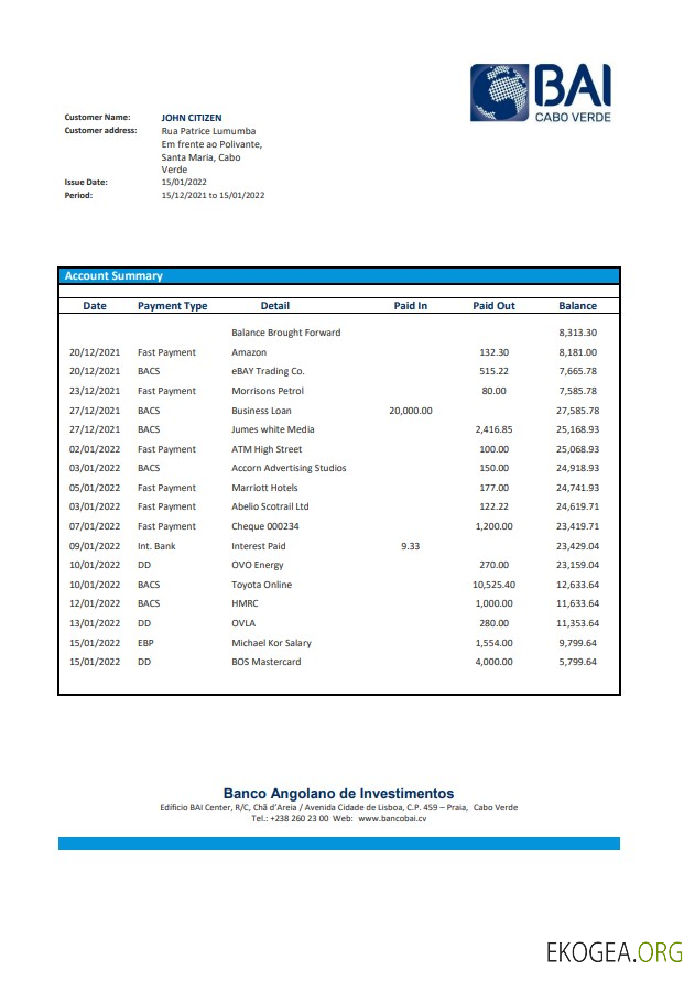 Relevé bancaire de la Banco Africano de Investimentos du Cap Vert